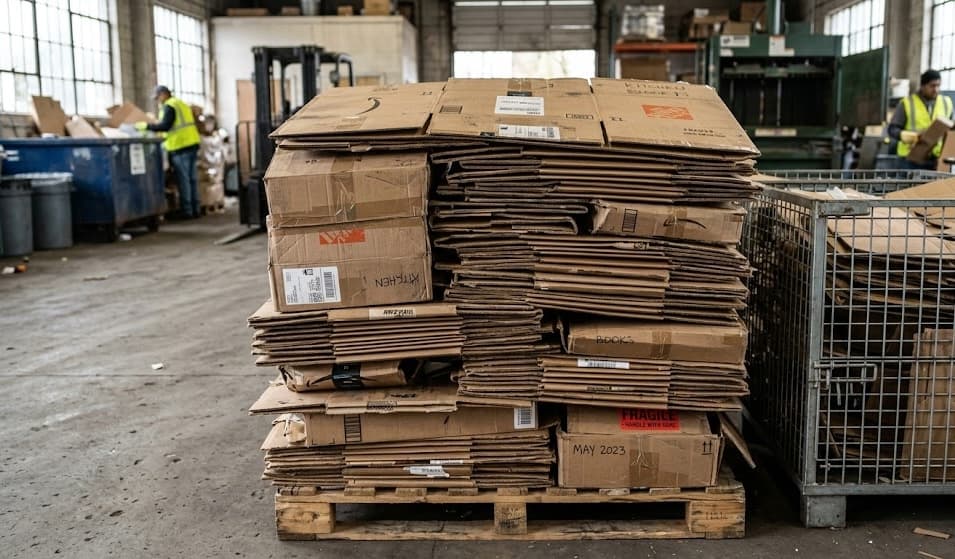 Flattened boxes ready for recycling