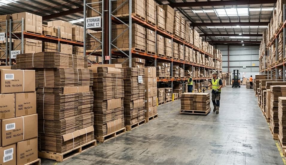 Warehouse aisle with organized box inventory
