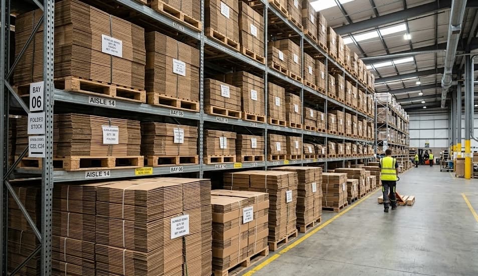 Organized warehouse racking with box inventory